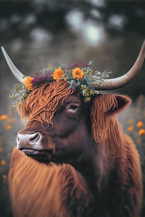 cute cows with flowers|highland cow picture with flowers.